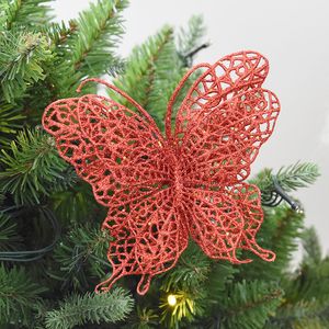 クリスマスの蝶のクリスマスツリーの装飾フラッシュ中空の花の造花蝶のクリスマス新年の飾り
