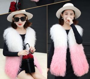 Women's autumn winter luxury real natural mongolian sheep fur full pelt gradient color fur sleeveless coat vest warm medium long casacos