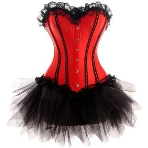Plus Size Halloween Christmas Nightclub Red Sweetheart Lace Trim Corset with Mesh Layered TUTU Skirt Dancing Suit Women Dance Corset Outfit