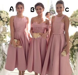 Rosa satin tre stil brudtärna klänningar för bröllop 2017 besättning av axel te längd piga av ära kappor eleganta formella party klänningar