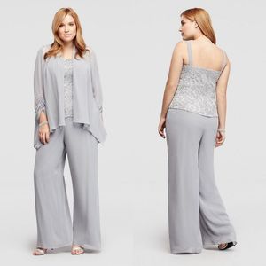 Neueste 2016 Silber Chiffon und Spitze Spaghetti Mutter der Braut Hosenanzüge Günstige Langarm Jacke Dreiteiler Plus Size Maßgeschneidert EN7272