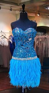 Turquoise Sequin Feather Short Prom Dress Strapless Beaded Backless 2023 Mini Homecoming Cocktail Party Bling Sweet 16 Dresses