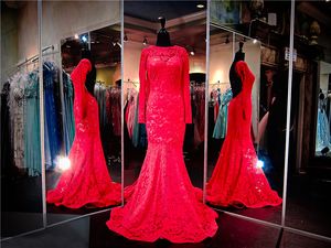 Red Nude Lace Sleeved Mermaid Prom Dress High Neck Long Sleeves Red Lace Evening Dress Open Back Mermaid Pageant Dress Party