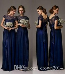 Navy Blue Bridesmaid Dress Sheer Neckline Chiffon Lace Evening Dresses Plus Size Formal Short Sleeve Prom Dress