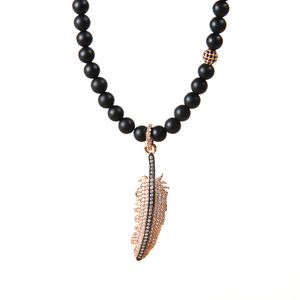 New Fashion Jewelry Wholesale 5pcs/lot 6mm Natural Matte Agate Stone With Micro Pave Full Cz Feather Men's Pendant Necklace