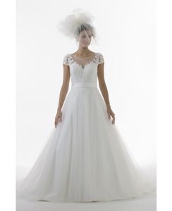 Uma linha de vestidos de noiva modestos com mangas de renda apliques de tule jóia pescoço vestidos de noiva mangas curtas sheer back vestidos de casamento