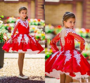 Pizzo rosso 2017 Abiti da ragazza di fiori floreali arabi Abito da ballo corto Abiti da bambino in raso Abiti da spettacolo per ragazze a maniche lunghe vintage Custom Made