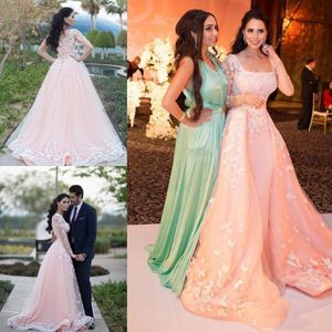 2017 New Hot Arabic Square Neck Evening Dresses Long Sleeves Sweep Train Pink Organza White Lace Appliques Dubai Celebrity Party Prom Gowns