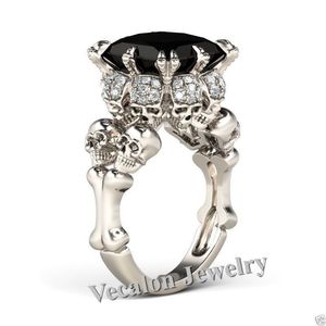 Vecalon Antique Women Skull Jewelry Simulato Black Diamond Cz Wedding Band Ring per le donne Anello da dito femminile riempito in oro bianco
