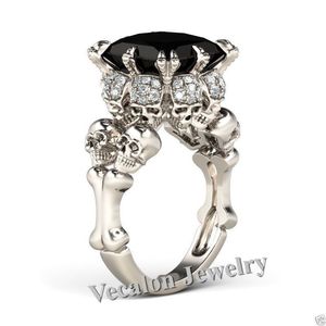 Vecalon Antiker Frauen-Schädel-Schmuck, simulierter schwarzer Diamant-Cz-Ehering für Frauen, mit Weißgold gefüllter weiblicher Fingerring