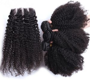 Brazilian Top Closure With Hair Bundles Natural Color Human Hair Afro Kinky Curly Human Hair With Lace Closure