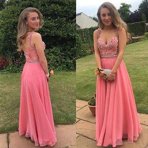Charming Pink Chiffon Prom Dresses Long Formal Evening Party Gowns Sweetheart Neckline Beaded Straps Low Back Zipper up Crystals
