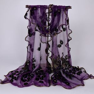 Женские женские шелковые длинные шарф мягкие черные павлин кружевные шарфы обертывают шаль украл шарфы высокое качество на Распродаже