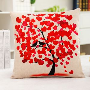 1x Vintage Composite Linen Pillow Case Sofa Cushion Cover Red heart and bird tree 42x42cm