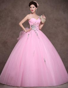 الفاخرة تول الكرة بثوب فساتين quinceanera واحد كتف الحلو 15-16 فساتين الأميرة كاندي الوردي اللباس الرسمي الطابق طول