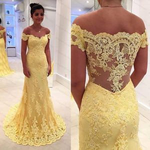 Delikat Gula Lace Aftonklänningar Arabiska Dubai Kaftan Applique Off Shoulder Party Dress Lace Prom Gown Arabian Abaya Vestido de Festa Longo