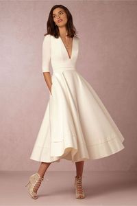 Charming Half Long Sleeve Ivory Prom Dress Short Office Lady Dresses Evening Dress Elegant Tea Length Occasiong Party Gowns Deep V Neck