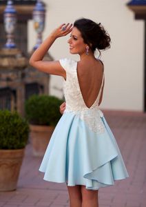 Sexy Baby Blue A Line 2018 Prom Dresses Beautiful Knee Length Top Lace Open Back Evening Party Gown African Short Prom Dress