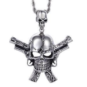 Stor gjutning Silver 316L Rostfritt stålbiker Skelettskalle Double Pistol Pendants Gothic Halsband Mäns coola smycken gåvor