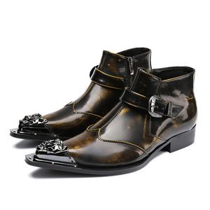 Mode wesern brons ankel kort stövlar för män äkta läder ankel boot män zip pekade iron toe retro stövlar för män, 38-46
