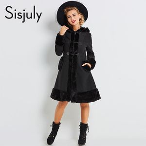 도매 - Sisjuly 여성 유럽 겨울 코트 고딕 양식의 긴 소매 싱글 브레스트 슬림 블랙 후드 코트 가을 고체 자켓 코트 뜨거운