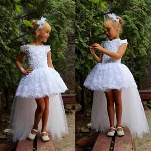 Lovely White Flower Girl Dresses Short Girls Pageant Gowns Tutu Skirt with Tulle Train High Low Beaded Lace Appliques Kids Party Wear