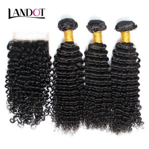 Cabelo virgem encharcado indiano tece com fecho 4 pçs / lote não processado indiano Kinky Curly Human Hean 3 pacotes com fecho de renda livre / meio de parte