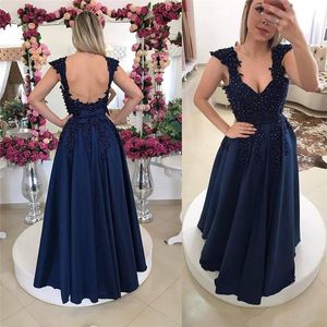 Wholesale plus size navy blue formal dress for sale - Group buy Modest Navy Blue Prom Dresses Sexy Open Back Cap Sleeves Long Evening Gowns Plus Size Women Formal Dresses with Pearls