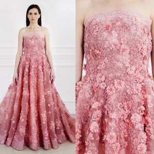 2019 Koralik Dziecko Różowe Suknie Wieczorowe Sexy Bez Ramiączek 3D Kwiatowe Aplikacje Prom Sukienka Plus Rozmiar Formalne Długie Suknie
