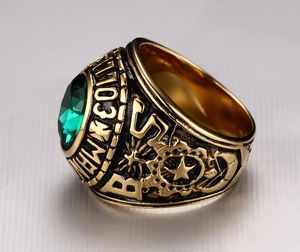 Stainless Steel Men Punk Rings Vintage Jewelry Carved Geometric Hipsters Green Rhinestones High Polished Accessories Gold Size 8-11