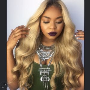 Peruvian Ombre Human Hair Lace Front Wig 1BT613 With Dark Roots Blond Hair