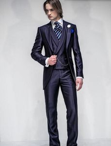 Ny skräddarsydd marinblå blå brudgum tuxedos bästa man kostym topp lapel groomsmen män bröllop kostymer brudgum jacka byxor väst