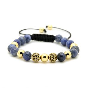 Mens Jewelry Wholesale 10pcs/lot 8mm Natural Blue Veins Stone Beads & 9mm Micro Paved Black Cz Ball Macrame Bracelet