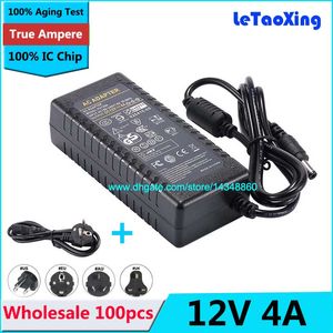 100pcs With IC Chip DC 12V 4A Power Supply Adapter For 5050 3528 LED Rigid Strip Light Display LCD Monitor + Power cords Cable