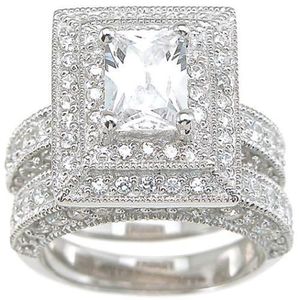 Storlek 5-11 Ny Ankomst Pave Luxury Smycken Princess Cut Simulerad Diamond Topaz 14kt Vitguld Fylld Bröllop Bröllop Kvinnor Ring Set Present