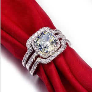 HOT Luxury New Bridal Set Wedding Rings Sets 3 Karat G-H Cushion Princess Cut Best Quality NSCD Synthetic Diamond 3PC ring sets