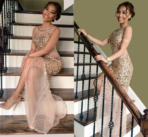 Shimmering Evening Dresses 2016 Luxury Beaded Crystal Sheer Sleeveless Side Slit Maxi African Prom Dresses See Through Formal Party Dresses