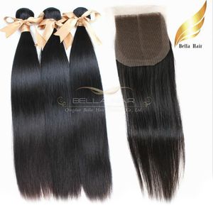 Human Hair Bundles With Lace Closure Middle Part Brazilian Hair Silky Straight Grade Natural Color 8-34 Inch