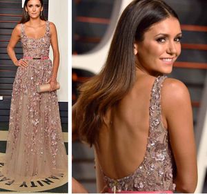 Sparkly Rosa Beaded Prom Klänningar 2017 Spaghetti Straps En Linje Aftonklänningar Sexig Backless Golvlängd Formell Party Pageant Klänningar