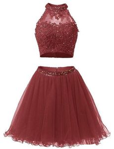 2017 Sexig Mini Kort Homecoming Klänning Två Piece Beaded Appliques Lace Graduation Cocktail Prom Party Gown QC117