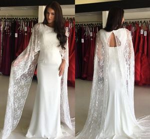 Elegante Branco Prom Dresses 2018 Lace E Chiffon Vestidos De Noite Cape Style Arábia Saudita Mulheres Vestidos Formais Do Partido Feito Sob Encomenda