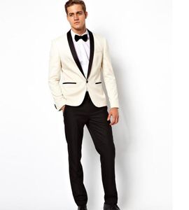 White Ivory Wedding Suits For Men Tuxedos Black Satin Shawl Lapel Mens Suits Slim Fit Groomsmen Suit Two Piece Suit