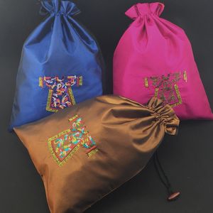 Retro Embroidery Clothes Shoe Travel Bag Drawstring Storage Pouch Portable Satin Fabric Dust Cover Bags with lined