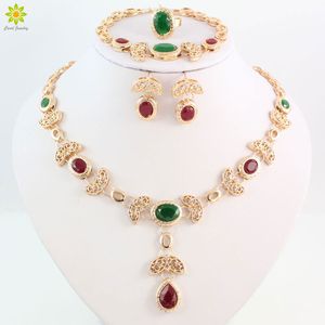 Wholesale water drop set for sale - Group buy New Arrival Green Red Rhinestone Water Drop Shape Necklace Earrings Sets Gold Plated Women Party Jewelry Sets Accessories