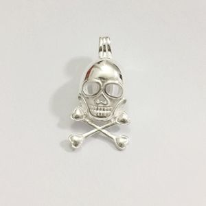 925 Crânio de Prata e Gaiola de Medalhão de Crossbone, Sterling Silver Pirate Death Skeleton Pingente de Pingente, Pode conter 9mm Pearl Beads Cage Pingente