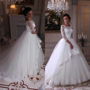 Princess Modest Wedding Dress with Sleeves Illusion Bateau Neckline Romantic Lace Appliques Soft Tulle Puffy Bridal Gowns Beaded Sash