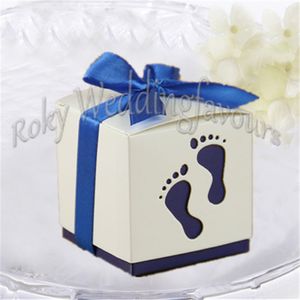 FREE SHIPPING 12PCS Deep Blue Pterry Feet Favor Boxes Candy Boxes with Satin Ribbon 1st Birthday Cupcake Boxes Baby Shower Table Setting