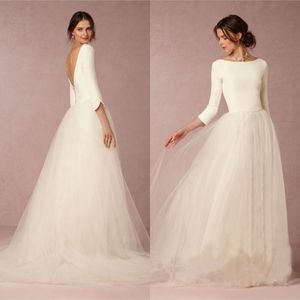 Cheap Stunning Winter Wedding Dresses A Line Satin Top Backless Bridal Gowns with Sleeves Simple Design Soft Tulle Skirt Sweep Train