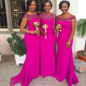 Fuschia Chiffon Южноафриканский Нигерийские дешевые платья подружки невесты плюс размер бисером горничные честь платья шапки рукава невесты платья
