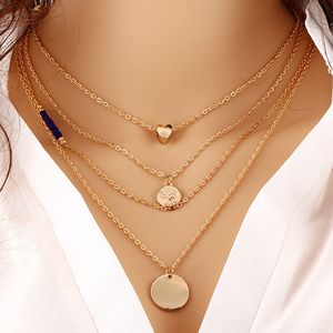 10st / lot sommarstil guld smycken mode kvinnor multi skiktad halsband kärlek mynt runda lila rhinestone charm hängande halsband